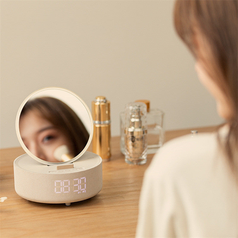 Smart Mirror Alarm Clock – Wireless Charger, Bluetooth Speaker & LED Light