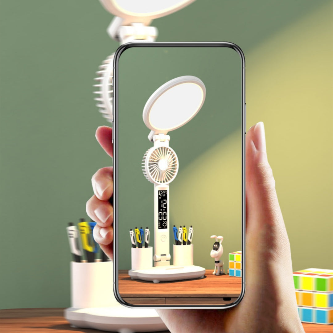All-in-One LED Desk Lamp – Dimmable Light with Clock, Fan & Foldable Design