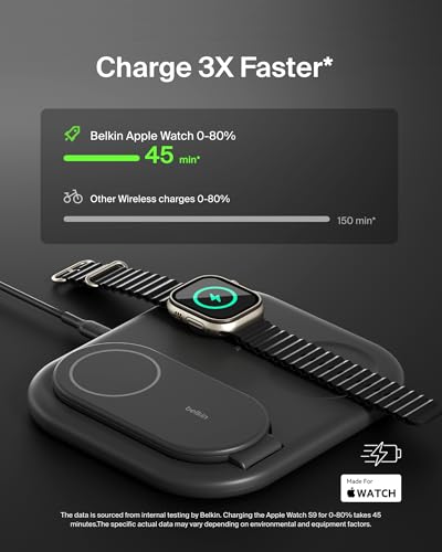 Belkin 3-in-1 MagSafe-Compatible iPhone Charger - Foldable Magnetic Qi2 Certified, MagSafe Charging Station for Phone, Apple Watch, AirPods - Wireless for Multiple Devices