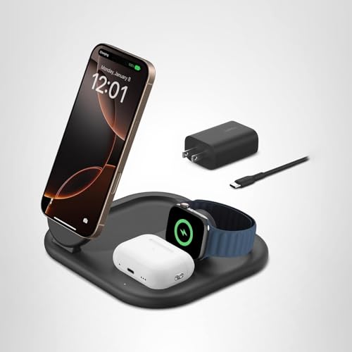 Belkin 3-in-1 MagSafe-Compatible iPhone Charger - Foldable Magnetic Qi2 Certified, MagSafe Charging Station for Phone, Apple Watch, AirPods - Wireless for Multiple Devices