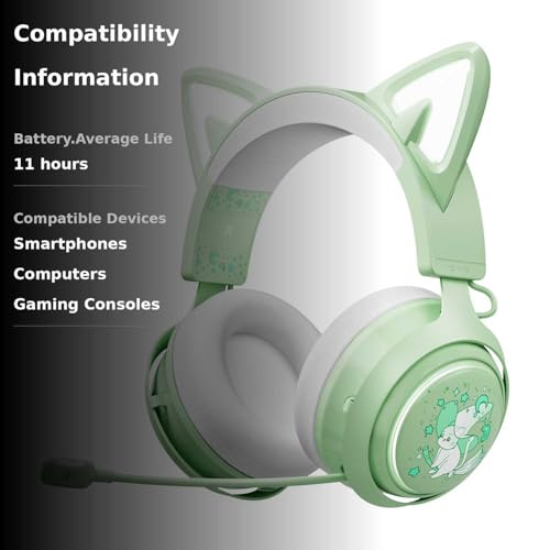 Wireless Cat Ear Headphones, Pink Gaming Headset Bluetooth 5.0 for Smartphone, Retractable Mic, 50mm Drivers, RGB Lighting Headset with Mic (USB Dongle Not Included)