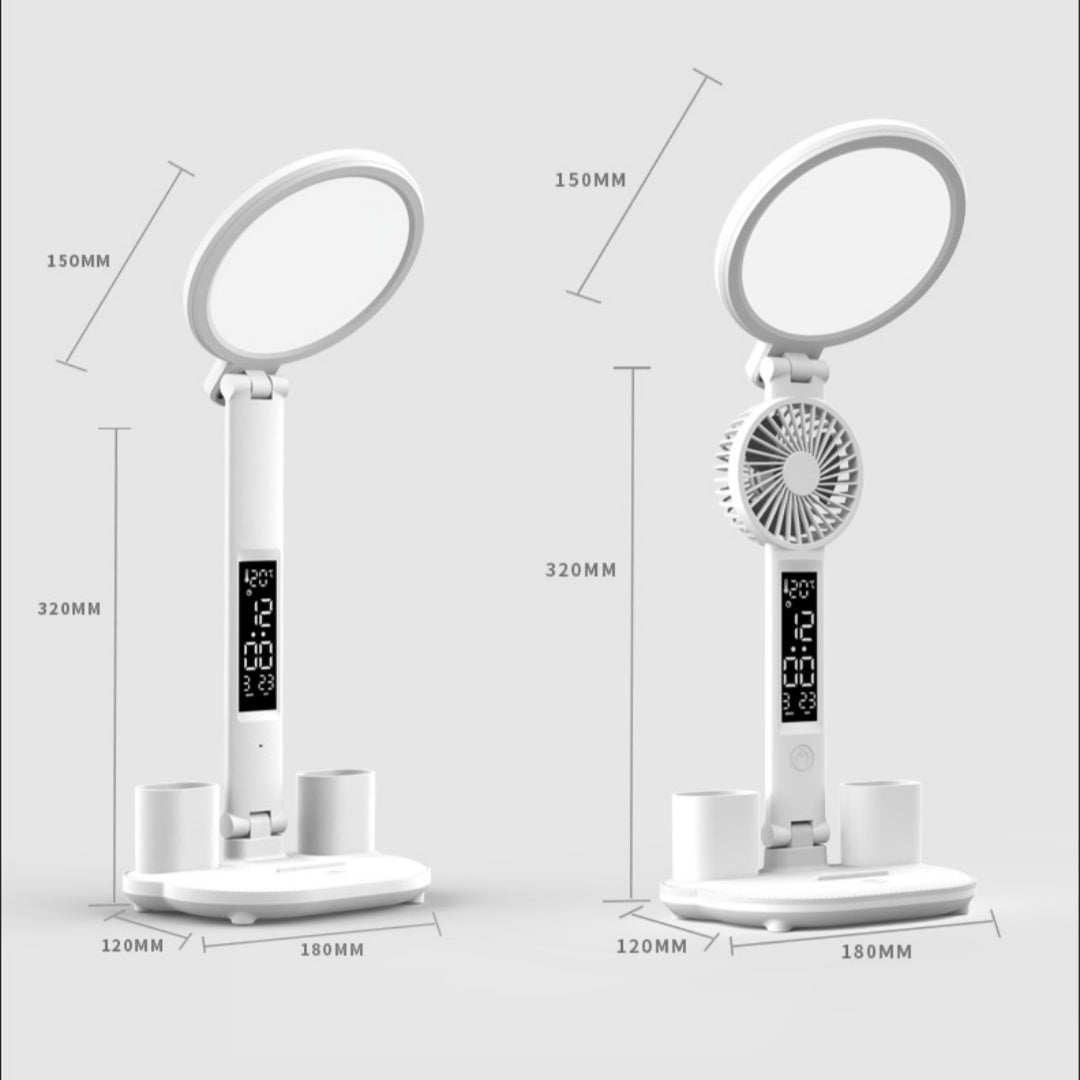 All-in-One LED Desk Lamp – Dimmable Light with Clock, Fan & Foldable Design