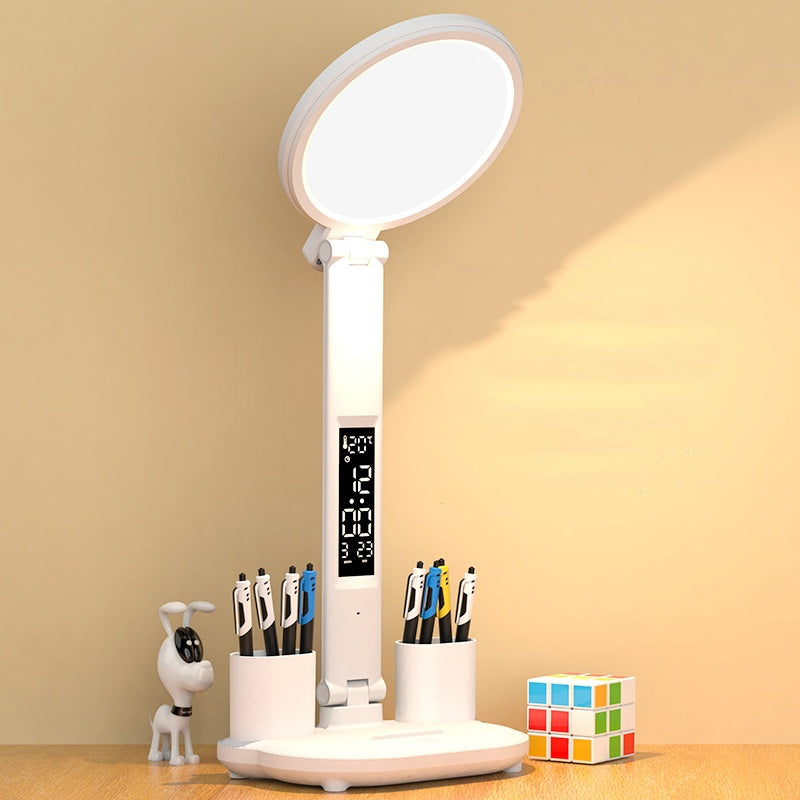 All-in-One LED Desk Lamp – Dimmable Light with Clock, Fan & Foldable Design
