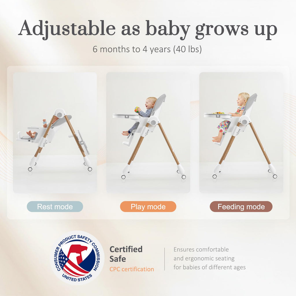 Mallify Foldable High Chairs for Babies and Toddlers, 3-in-1 Convertible Baby High Chair with Removable Soft Cushion and Tray, Adjustable Height & Recline, Lockable Wheels, Dark Blue