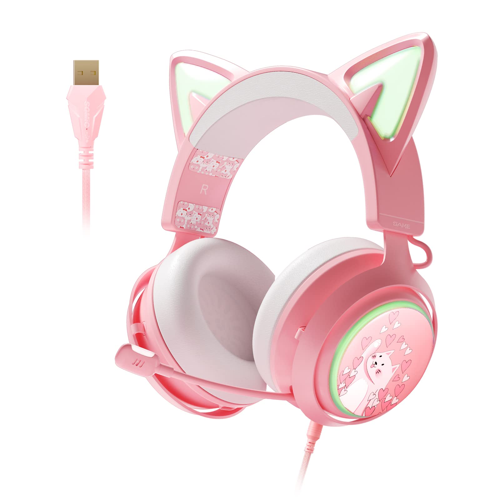 Wireless Cat Ear Headphones, Pink Gaming Headset Bluetooth 5.0 for Smartphone, Retractable Mic, 50mm Drivers, RGB Lighting Headset with Mic (USB Dongle Not Included)