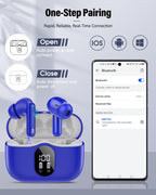 Wireless Earbuds, Bluetooth 5.4 Headphones Bass Stereo, Ear Buds with Noise Cancelling Mic, LED Display in Ear Earphones Clear Calls, IP7 Waterproof Bluetooth Earbuds for Laptop/Phones/Sports, Black