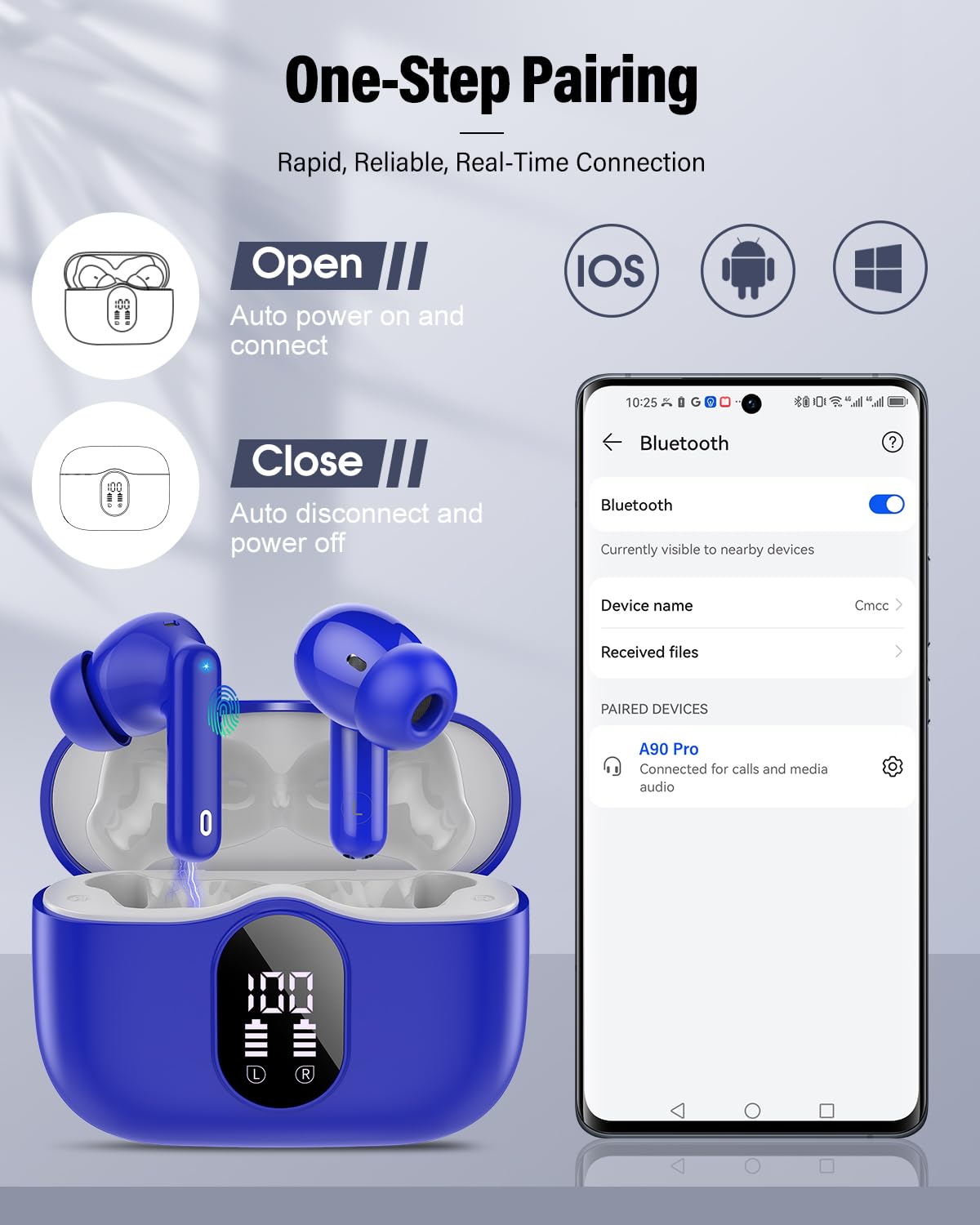 Wireless Earbuds, Bluetooth 5.4 Headphones Bass Stereo, Ear Buds with Noise Cancelling Mic, LED Display in Ear Earphones Clear Calls, IP7 Waterproof Bluetooth Earbuds for Laptop/Phones/Sports, Black