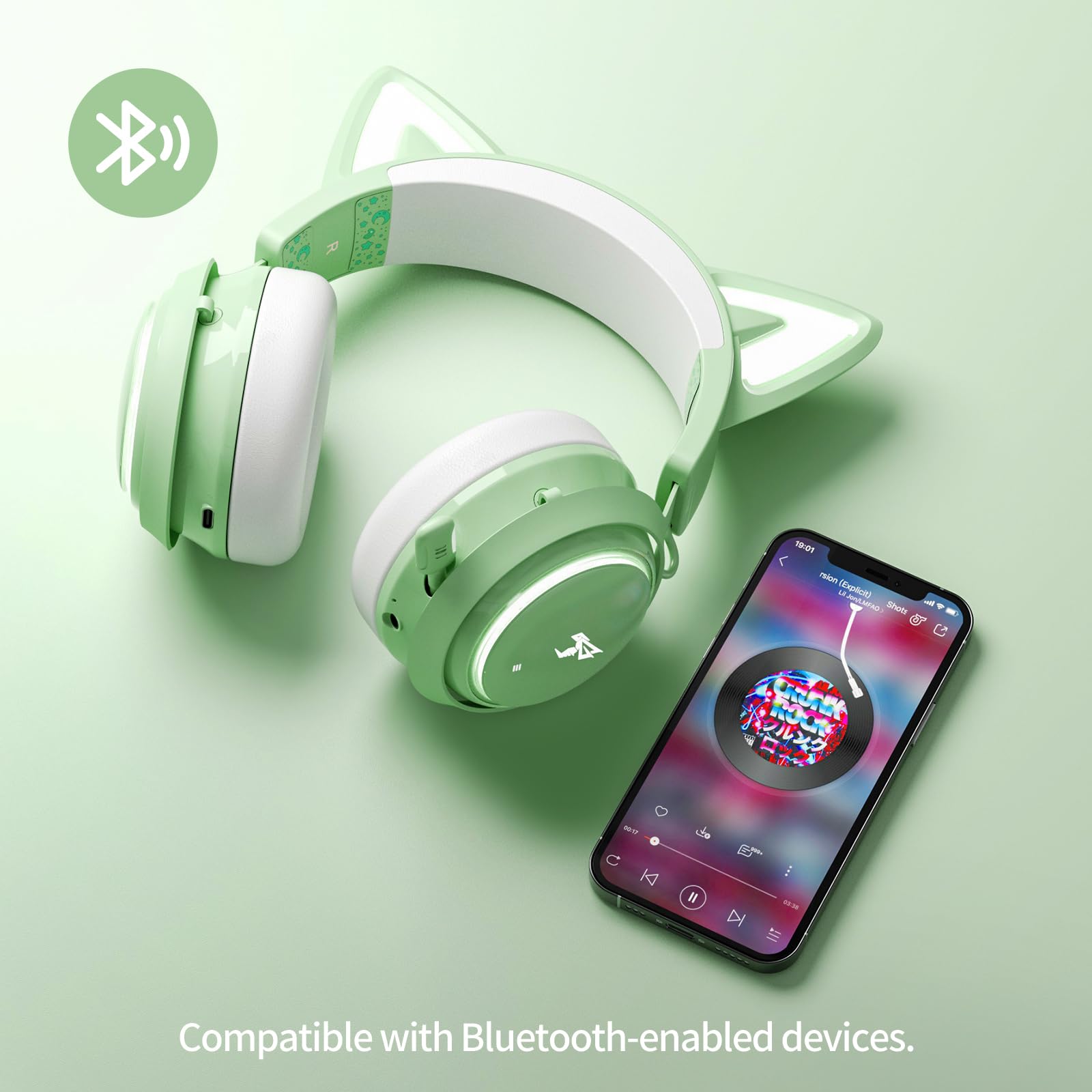 Wireless Cat Ear Headphones, Pink Gaming Headset Bluetooth 5.0 for Smartphone, Retractable Mic, 50mm Drivers, RGB Lighting Headset with Mic (USB Dongle Not Included)