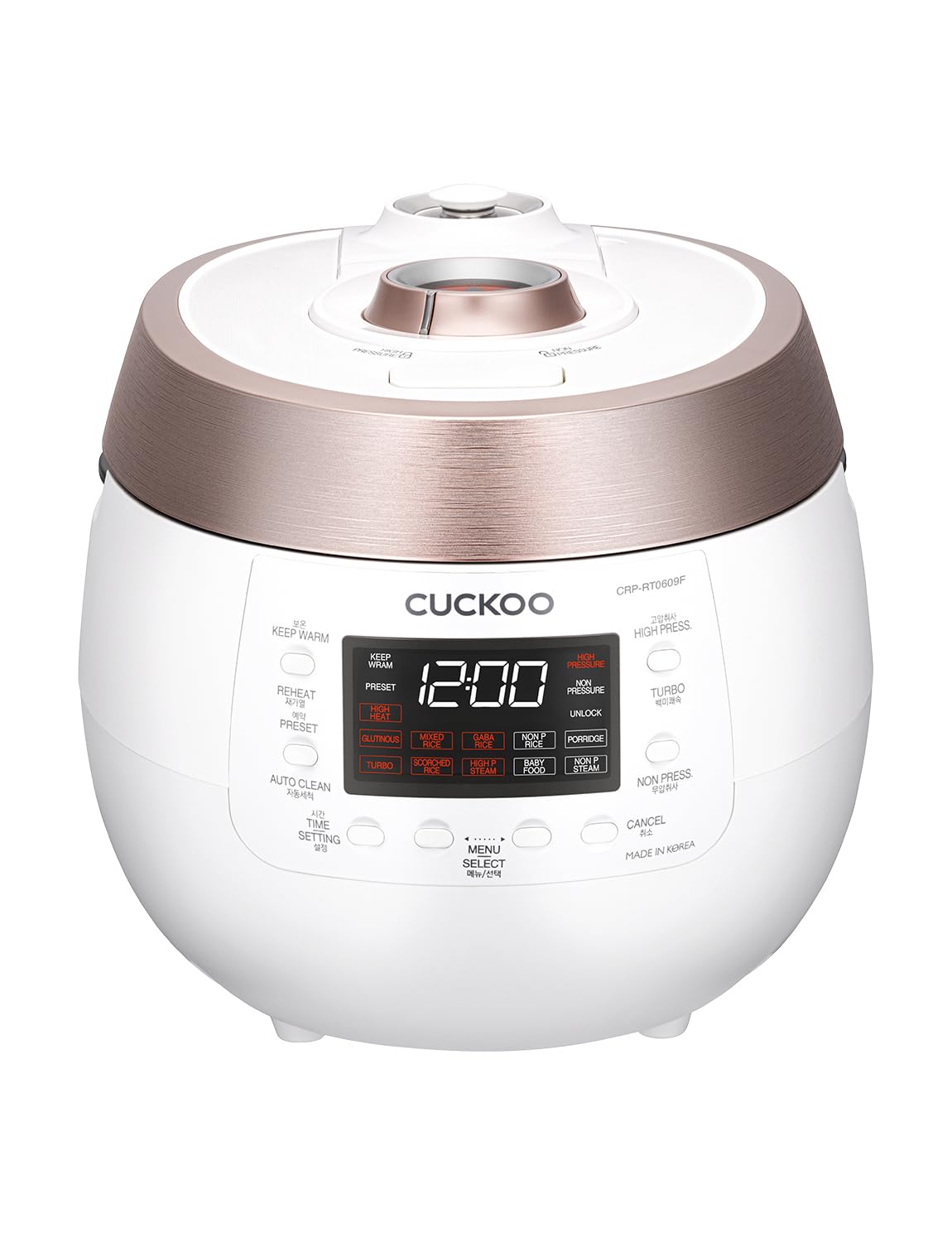 Cuckoo CRP-RT0609FW 6 cup Twin Pressure Plate Rice Cooker & Warmer with High Heat, GABA, Mixed, Scorched, Turbo, Porridge, Baby Food, Steam (Hi/Non Press.) and more, Made in Korea (White)