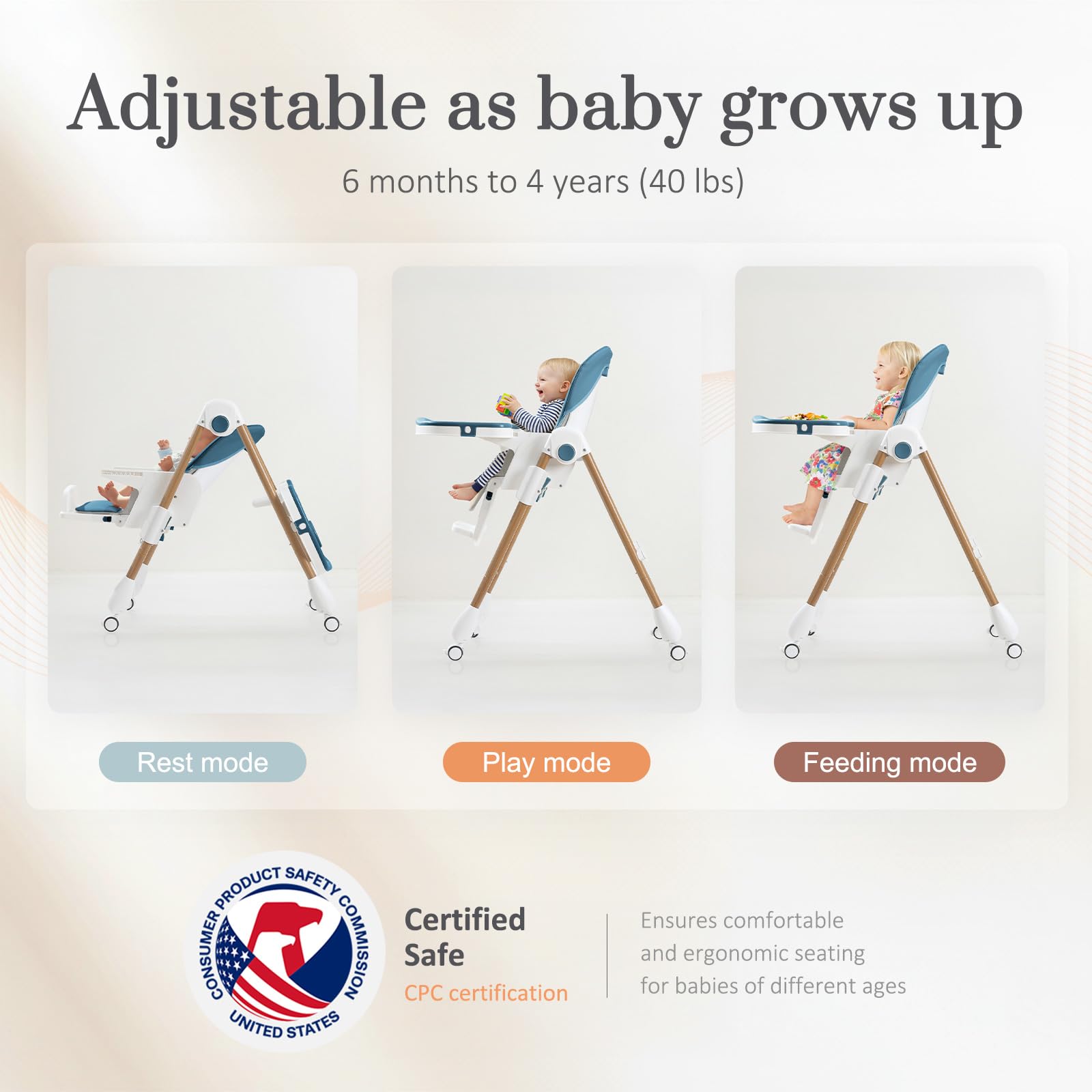 Mallify Foldable High Chairs for Babies and Toddlers, 3-in-1 Convertible Baby High Chair with Removable Soft Cushion and Tray, Adjustable Height & Recline, Lockable Wheels, Dark Blue