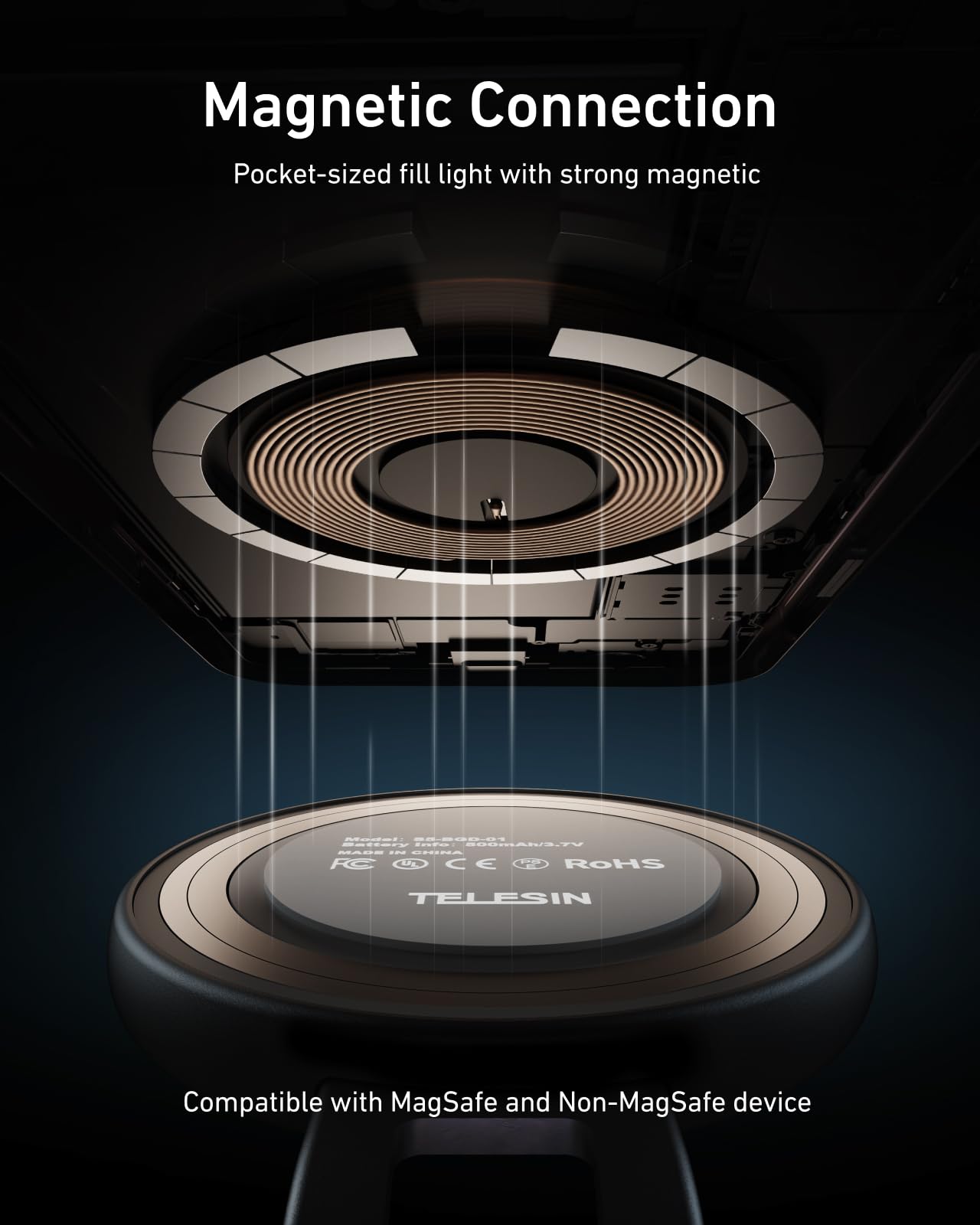 TELESIN C03 Magnetic Phone Beauty Selfie Light Compatible with iPhone Magsafe, CRI97 360° LED Selfie Ring Fill Light with Mirror for Selfies/Photography/TikTok/Zoom Calls/Video Conference(Black)