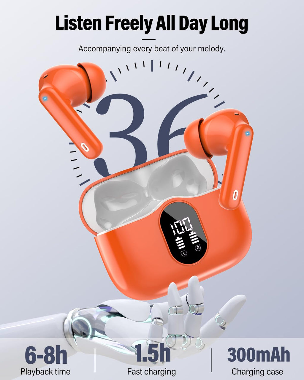 Wireless Earbuds, Bluetooth 5.4 Headphones Bass Stereo, Ear Buds with Noise Cancelling Mic, LED Display in Ear Earphones Clear Calls, IP7 Waterproof Bluetooth Earbuds for Laptop/Phones/Sports, Black