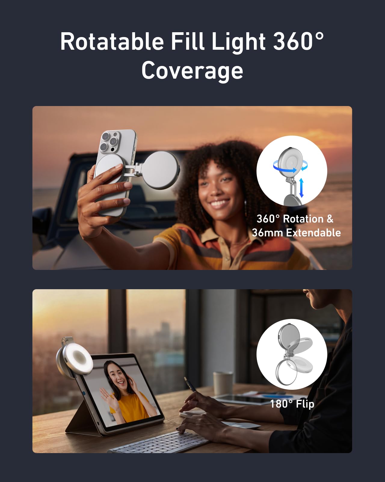 TELESIN C03 Magnetic Phone Beauty Selfie Light Compatible with iPhone Magsafe, CRI97 360° LED Selfie Ring Fill Light with Mirror for Selfies/Photography/TikTok/Zoom Calls/Video Conference(Black)