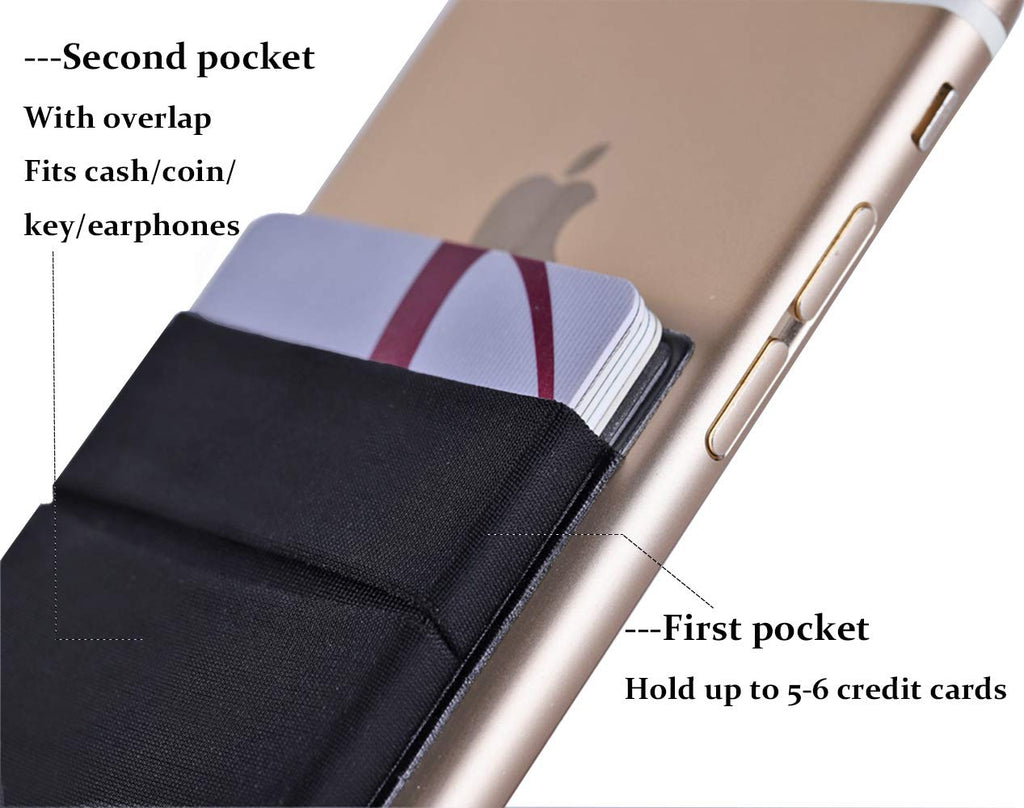 2Pack Adhesive Phone Pocket,Cell Phone Stick On Card Wallet Sleeve,Credit Cards/ID Card Holder Sticker for Back of iPhone,Android and All Smartphones-Black&Grey