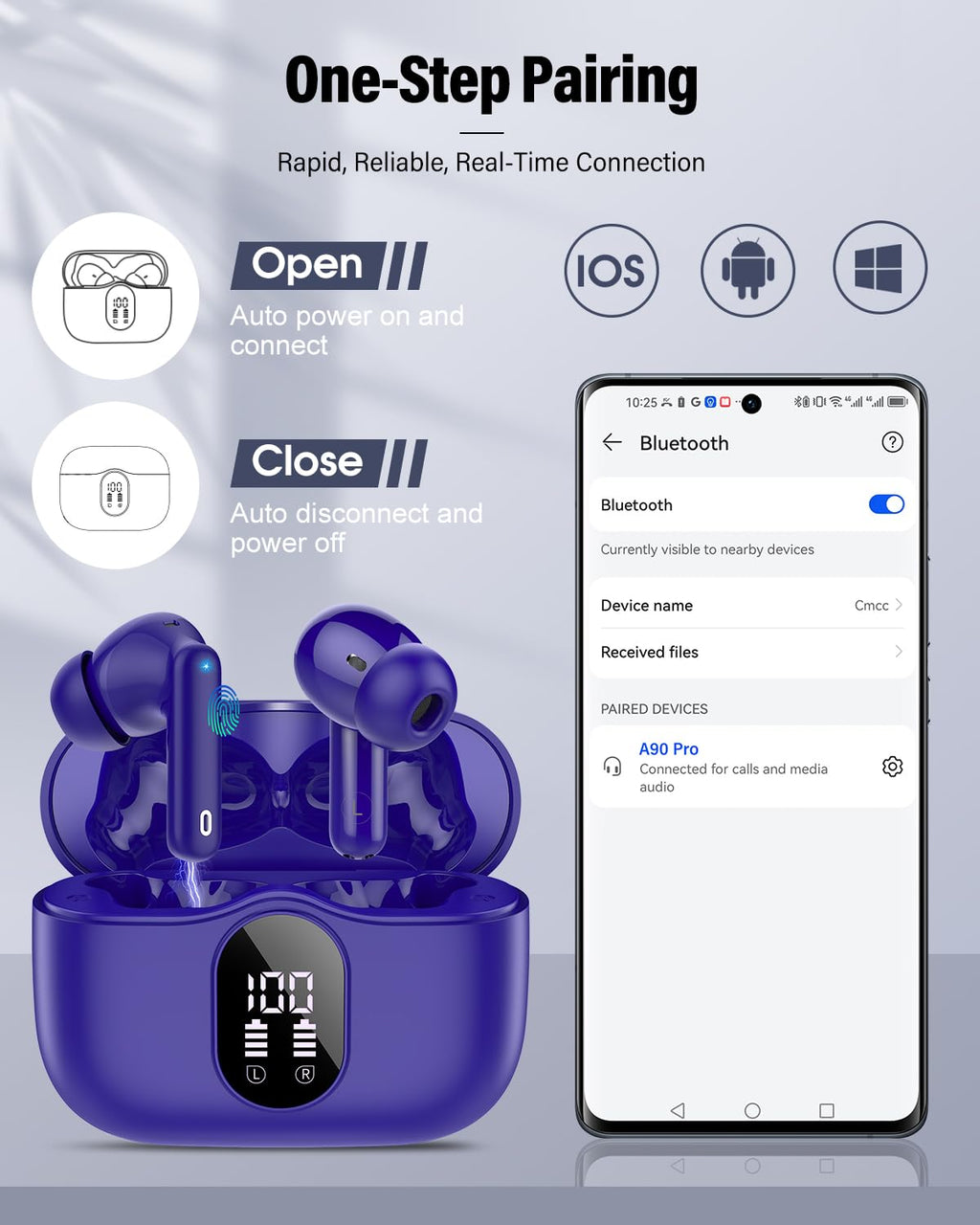 Wireless Earbuds, Bluetooth 5.4 Headphones Bass Stereo, Ear Buds with Noise Cancelling Mic, LED Display in Ear Earphones Clear Calls, IP7 Waterproof Bluetooth Earbuds for Laptop/Phones/Sports, Black