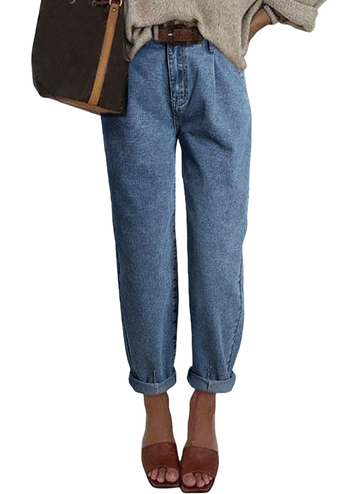 Astylish Womens High Waisted Baggy Jeans Boyfriend Cropped Loose Denim Pants