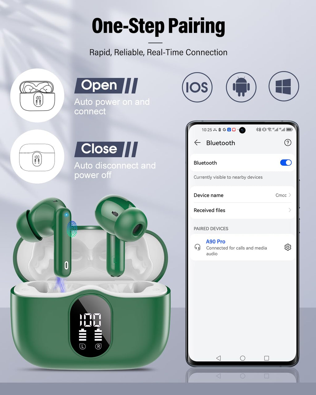 Wireless Earbuds, Bluetooth 5.4 Headphones Bass Stereo, Ear Buds with Noise Cancelling Mic, LED Display in Ear Earphones Clear Calls, IP7 Waterproof Bluetooth Earbuds for Laptop/Phones/Sports, Black