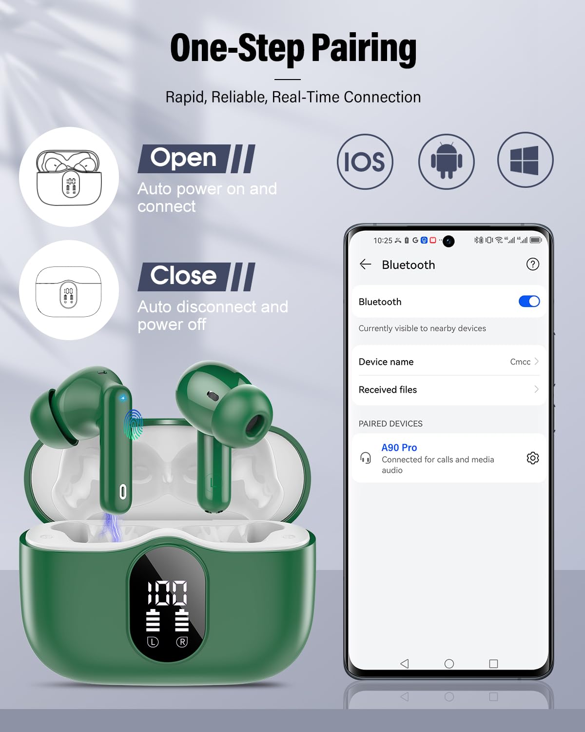 Wireless Earbuds, Bluetooth 5.4 Headphones Bass Stereo, Ear Buds with Noise Cancelling Mic, LED Display in Ear Earphones Clear Calls, IP7 Waterproof Bluetooth Earbuds for Laptop/Phones/Sports, Black