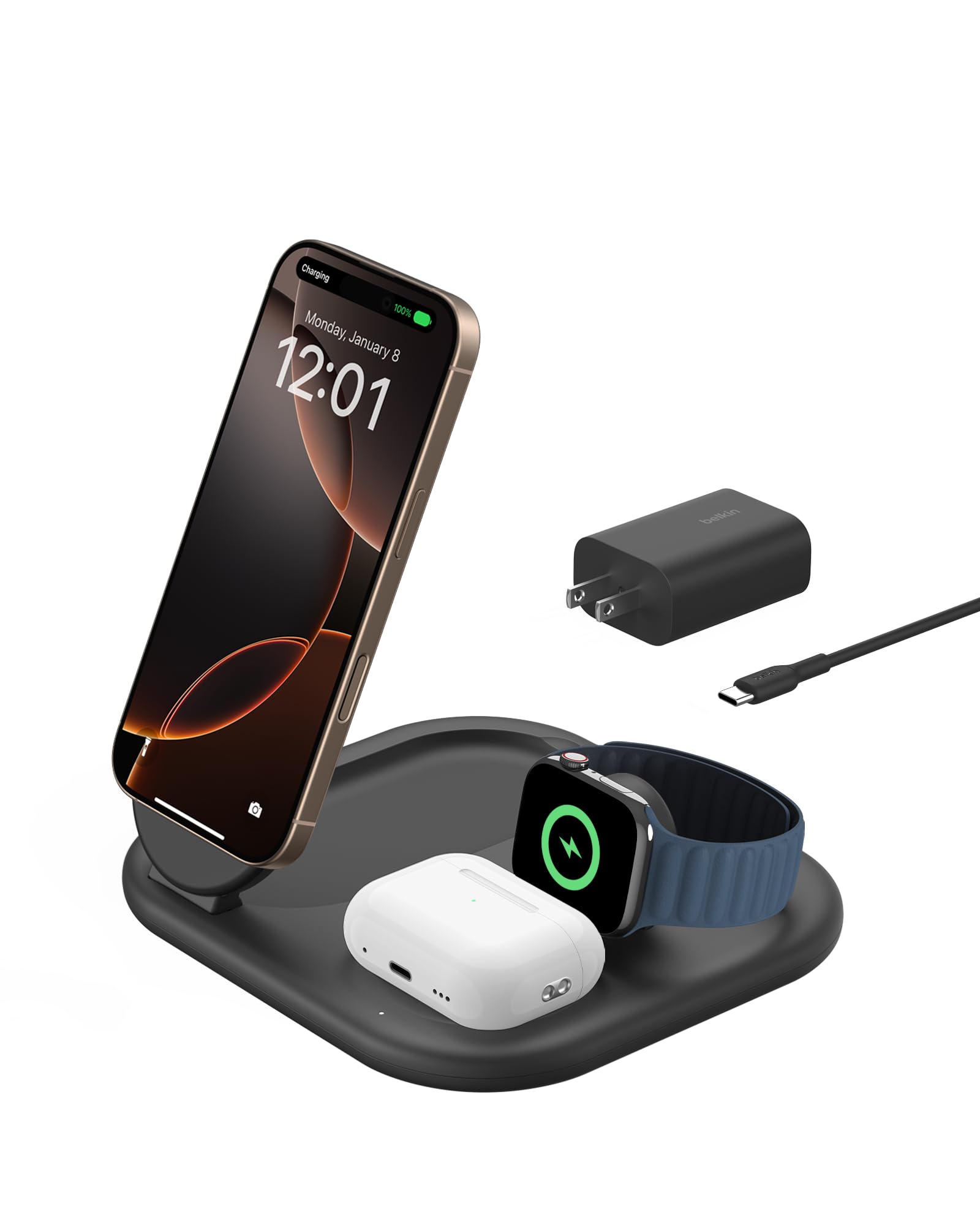 Belkin 3-in-1 MagSafe-Compatible iPhone Charger - Foldable Magnetic Qi2 Certified, MagSafe Charging Station for Phone, Apple Watch, AirPods - Wireless for Multiple Devices