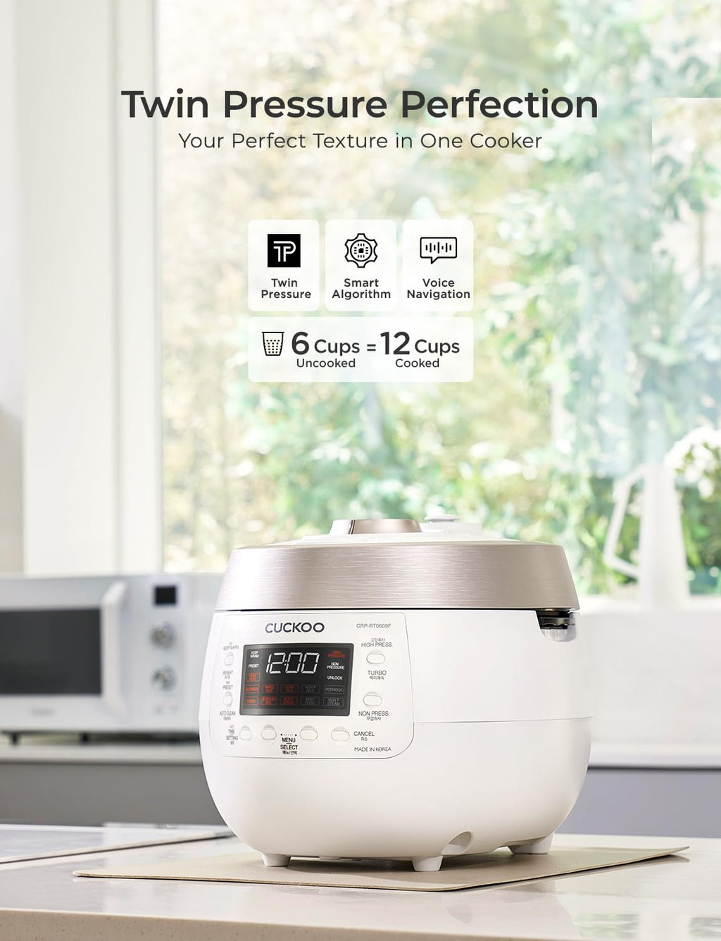 Cuckoo CRP-RT0609FW 6 cup Twin Pressure Plate Rice Cooker & Warmer with High Heat, GABA, Mixed, Scorched, Turbo, Porridge, Baby Food, Steam (Hi/Non Press.) and more, Made in Korea (White)