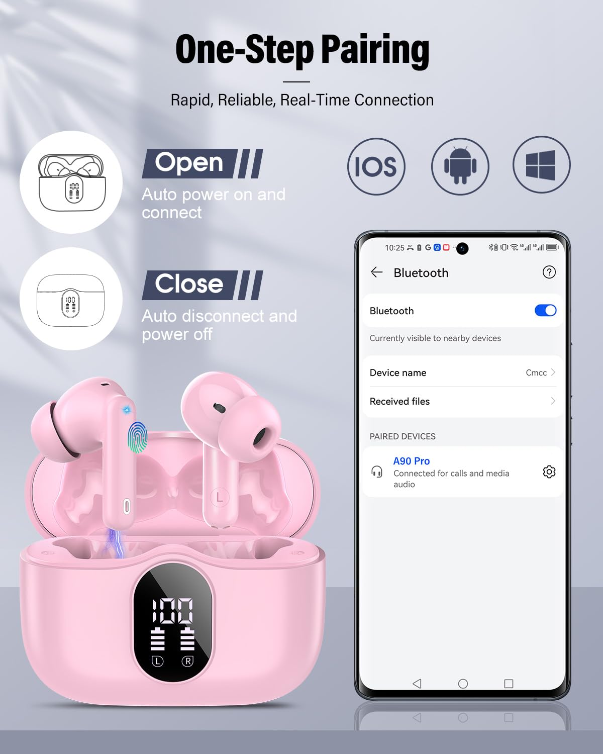 Wireless Earbuds, Bluetooth 5.4 Headphones Bass Stereo, Ear Buds with Noise Cancelling Mic, LED Display in Ear Earphones Clear Calls, IP7 Waterproof Bluetooth Earbuds for Laptop/Phones/Sports, Black
