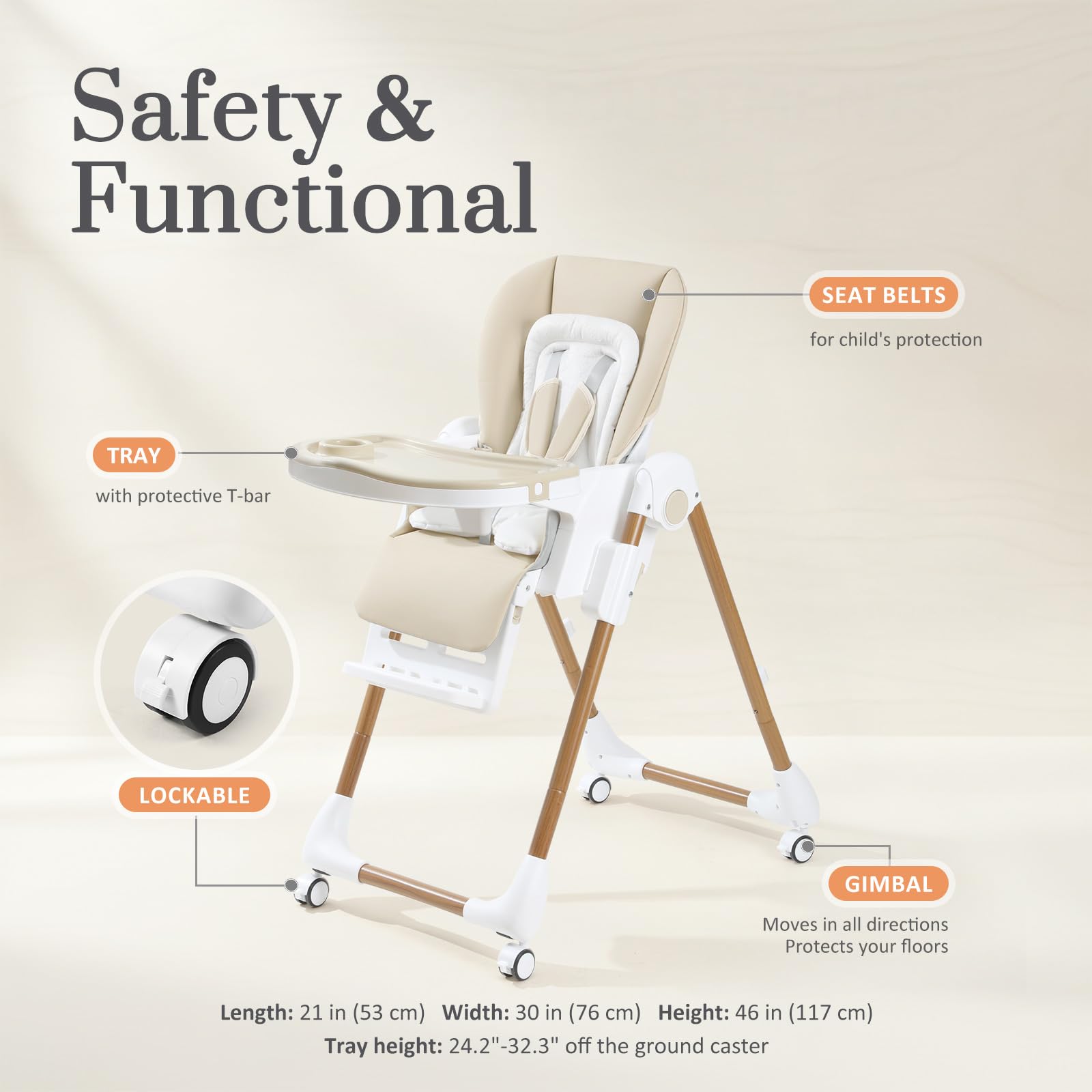 Mallify Foldable High Chairs for Babies and Toddlers, 3-in-1 Convertible Baby High Chair with Removable Soft Cushion and Tray, Adjustable Height & Recline, Lockable Wheels, Dark Blue