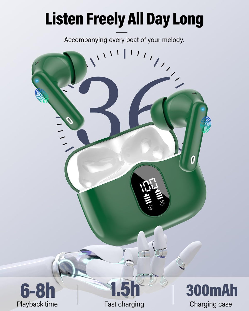 Wireless Earbuds, Bluetooth 5.4 Headphones Bass Stereo, Ear Buds with Noise Cancelling Mic, LED Display in Ear Earphones Clear Calls, IP7 Waterproof Bluetooth Earbuds for Laptop/Phones/Sports, Black