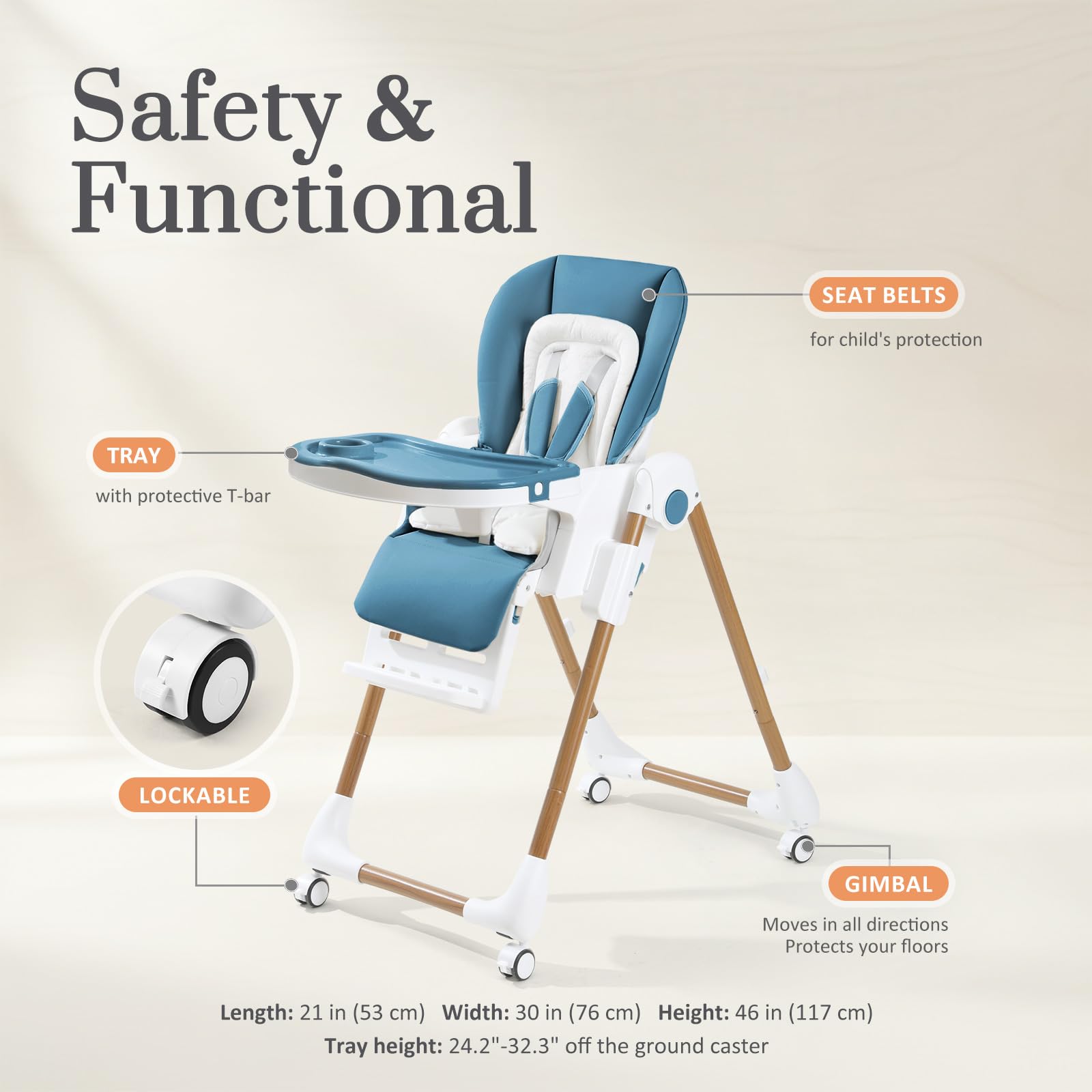 Mallify Foldable High Chairs for Babies and Toddlers, 3-in-1 Convertible Baby High Chair with Removable Soft Cushion and Tray, Adjustable Height & Recline, Lockable Wheels, Dark Blue