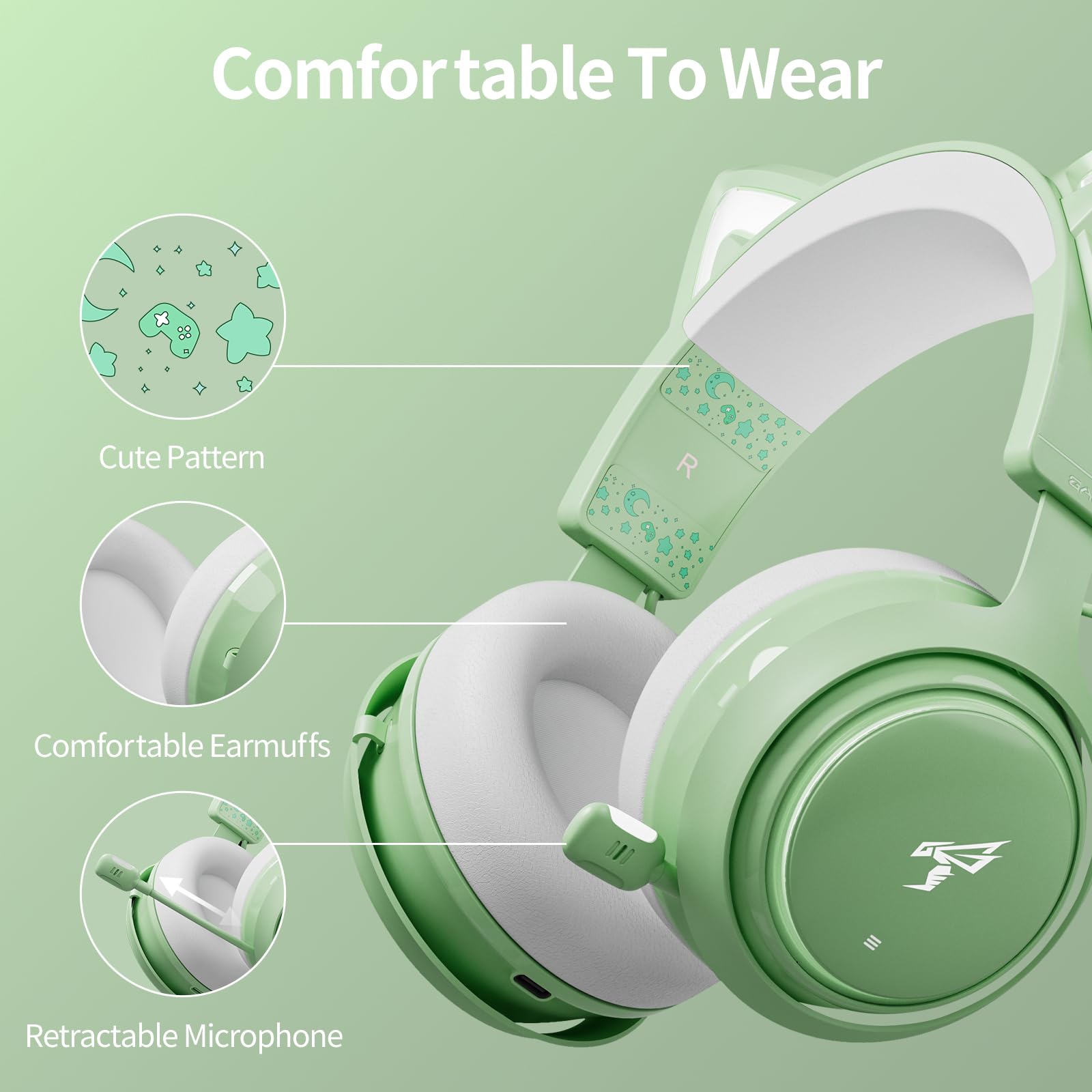 Wireless Cat Ear Headphones, Pink Gaming Headset Bluetooth 5.0 for Smartphone, Retractable Mic, 50mm Drivers, RGB Lighting Headset with Mic (USB Dongle Not Included)