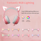 Wireless Cat Ear Headphones, Pink Gaming Headset Bluetooth 5.0 for Smartphone, Retractable Mic, 50mm Drivers, RGB Lighting Headset with Mic (USB Dongle Not Included)