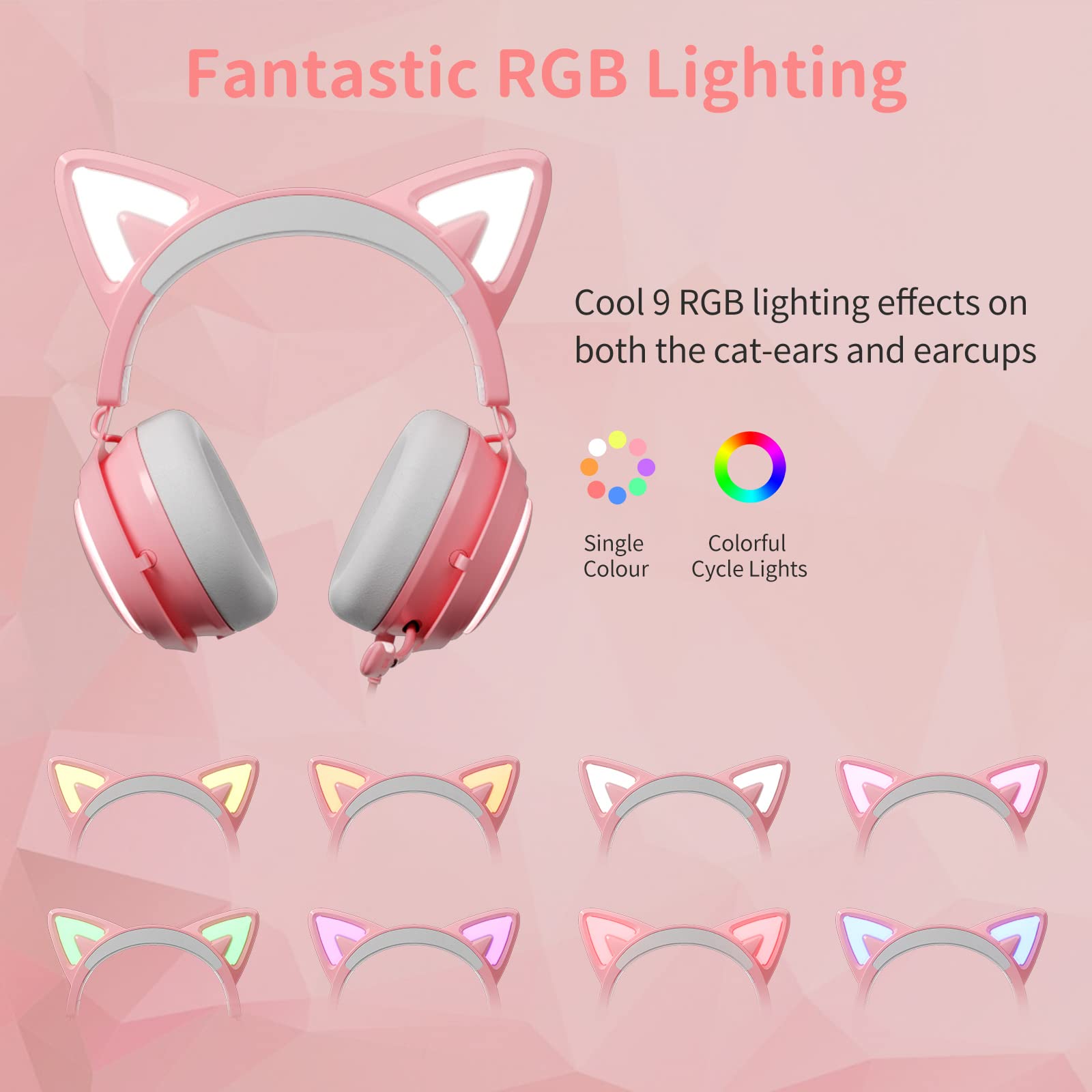Wireless Cat Ear Headphones, Pink Gaming Headset Bluetooth 5.0 for Smartphone, Retractable Mic, 50mm Drivers, RGB Lighting Headset with Mic (USB Dongle Not Included)