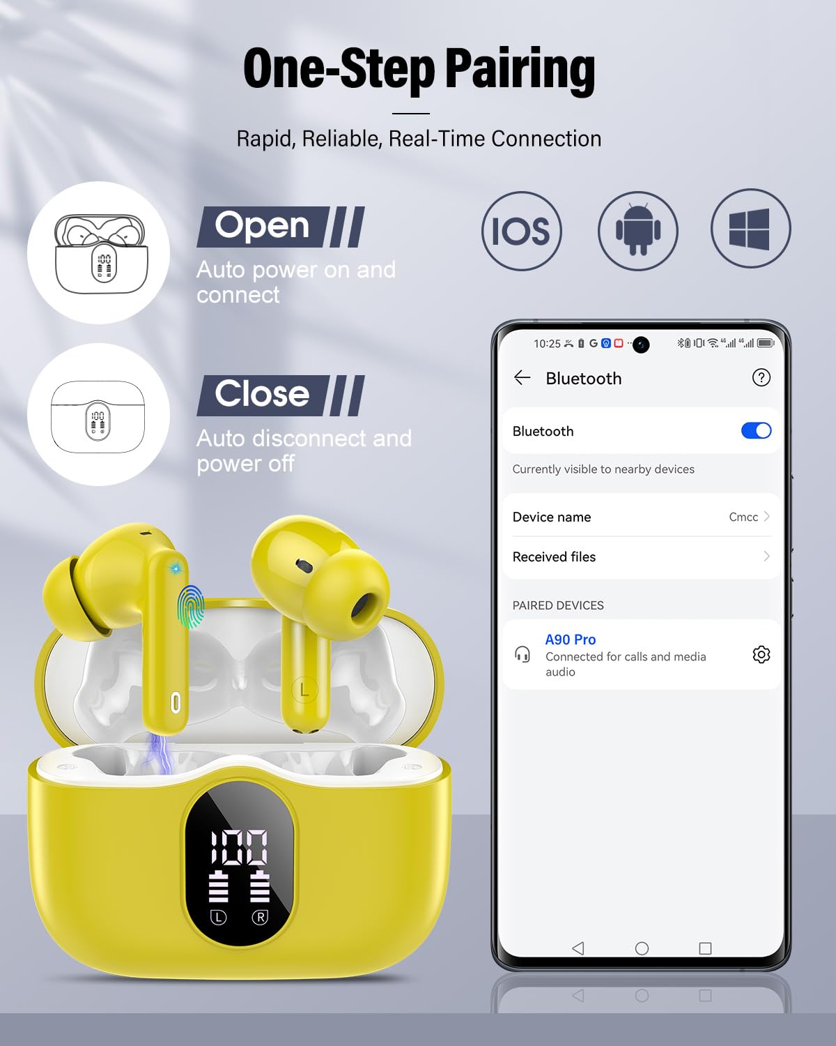 Wireless Earbuds, Bluetooth 5.4 Headphones Bass Stereo, Ear Buds with Noise Cancelling Mic, LED Display in Ear Earphones Clear Calls, IP7 Waterproof Bluetooth Earbuds for Laptop/Phones/Sports, Black