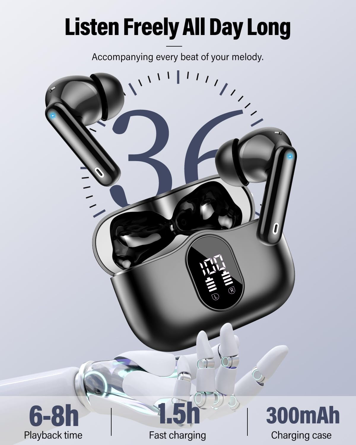 Wireless Earbuds, Bluetooth 5.4 Headphones Bass Stereo, Ear Buds with Noise Cancelling Mic, LED Display in Ear Earphones Clear Calls, IP7 Waterproof Bluetooth Earbuds for Laptop/Phones/Sports, Black