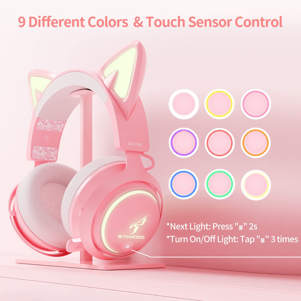 Wireless Cat Ear Headphones, Pink Gaming Headset Bluetooth 5.0 for Smartphone, Retractable Mic, 50mm Drivers, RGB Lighting Headset with Mic (USB Dongle Not Included)