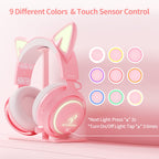 Wireless Cat Ear Headphones, Pink Gaming Headset Bluetooth 5.0 for Smartphone, Retractable Mic, 50mm Drivers, RGB Lighting Headset with Mic (USB Dongle Not Included)