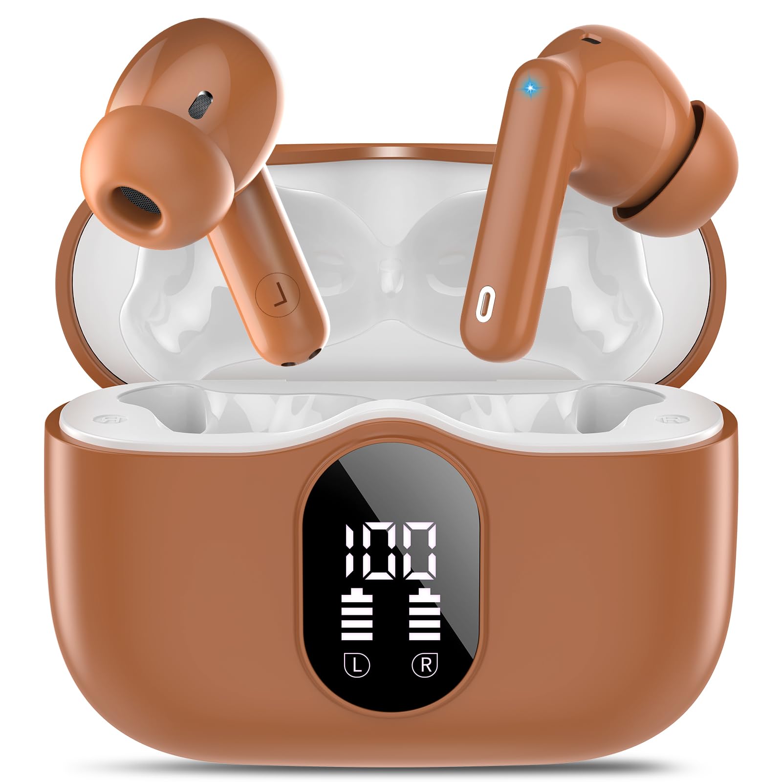 Wireless Earbuds, Bluetooth 5.4 Headphones Bass Stereo, Ear Buds with Noise Cancelling Mic, LED Display in Ear Earphones Clear Calls, IP7 Waterproof Bluetooth Earbuds for Laptop/Phones/Sports, Black