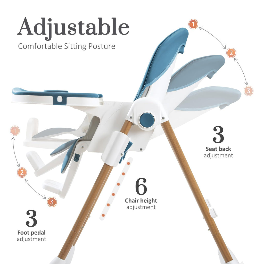 Mallify Foldable High Chairs for Babies and Toddlers, 3-in-1 Convertible Baby High Chair with Removable Soft Cushion and Tray, Adjustable Height & Recline, Lockable Wheels, Dark Blue