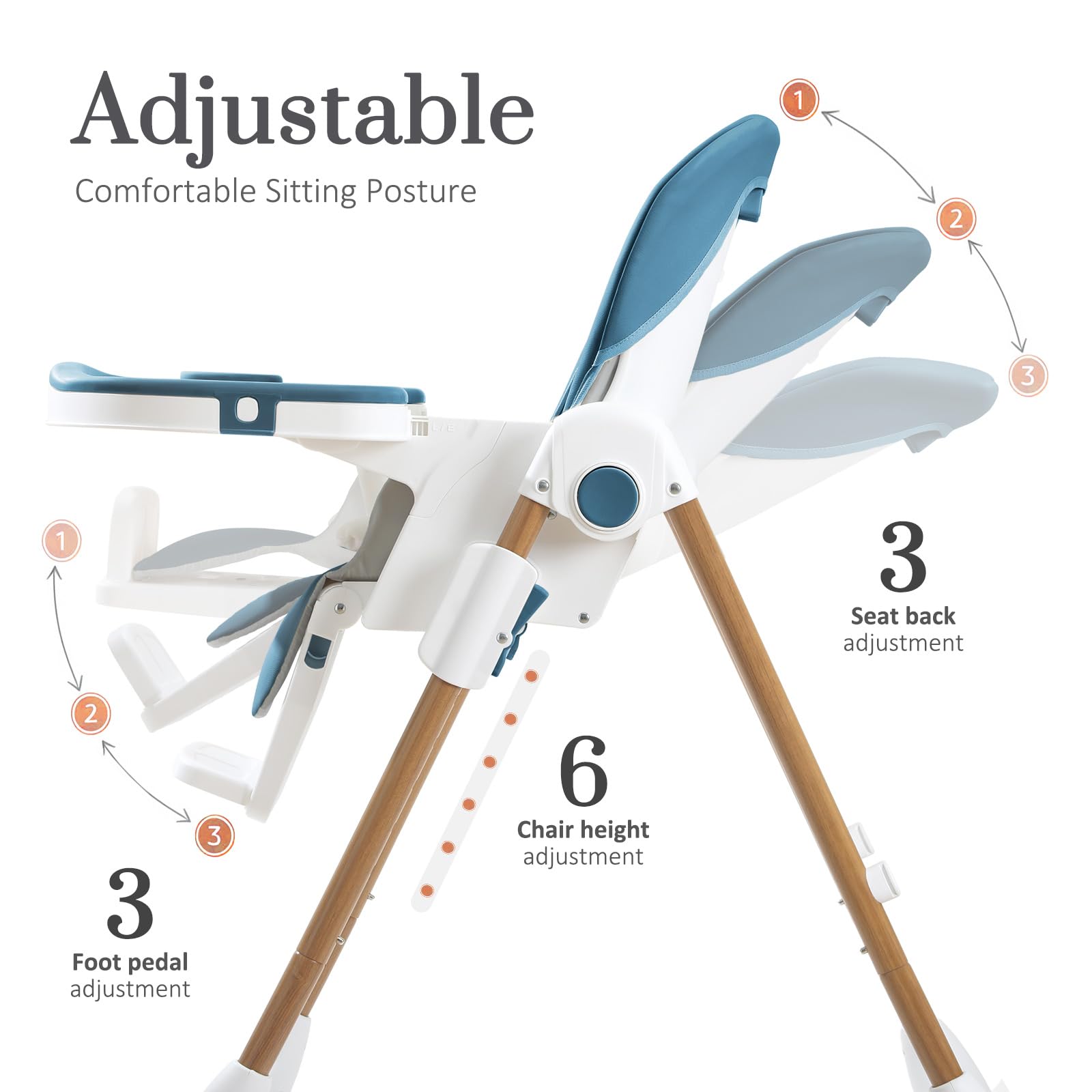 Mallify Foldable High Chairs for Babies and Toddlers, 3-in-1 Convertible Baby High Chair with Removable Soft Cushion and Tray, Adjustable Height & Recline, Lockable Wheels, Dark Blue