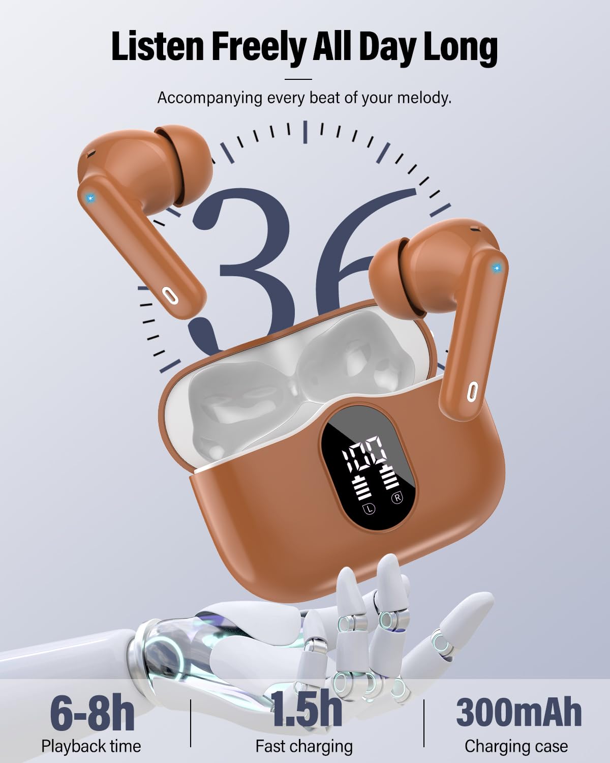 Wireless Earbuds, Bluetooth 5.4 Headphones Bass Stereo, Ear Buds with Noise Cancelling Mic, LED Display in Ear Earphones Clear Calls, IP7 Waterproof Bluetooth Earbuds for Laptop/Phones/Sports, Black