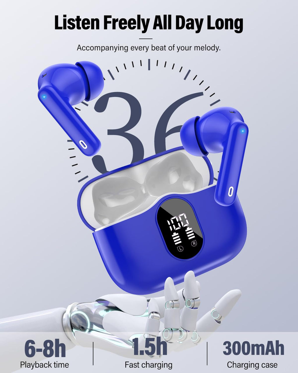 Wireless Earbuds, Bluetooth 5.4 Headphones Bass Stereo, Ear Buds with Noise Cancelling Mic, LED Display in Ear Earphones Clear Calls, IP7 Waterproof Bluetooth Earbuds for Laptop/Phones/Sports, Black