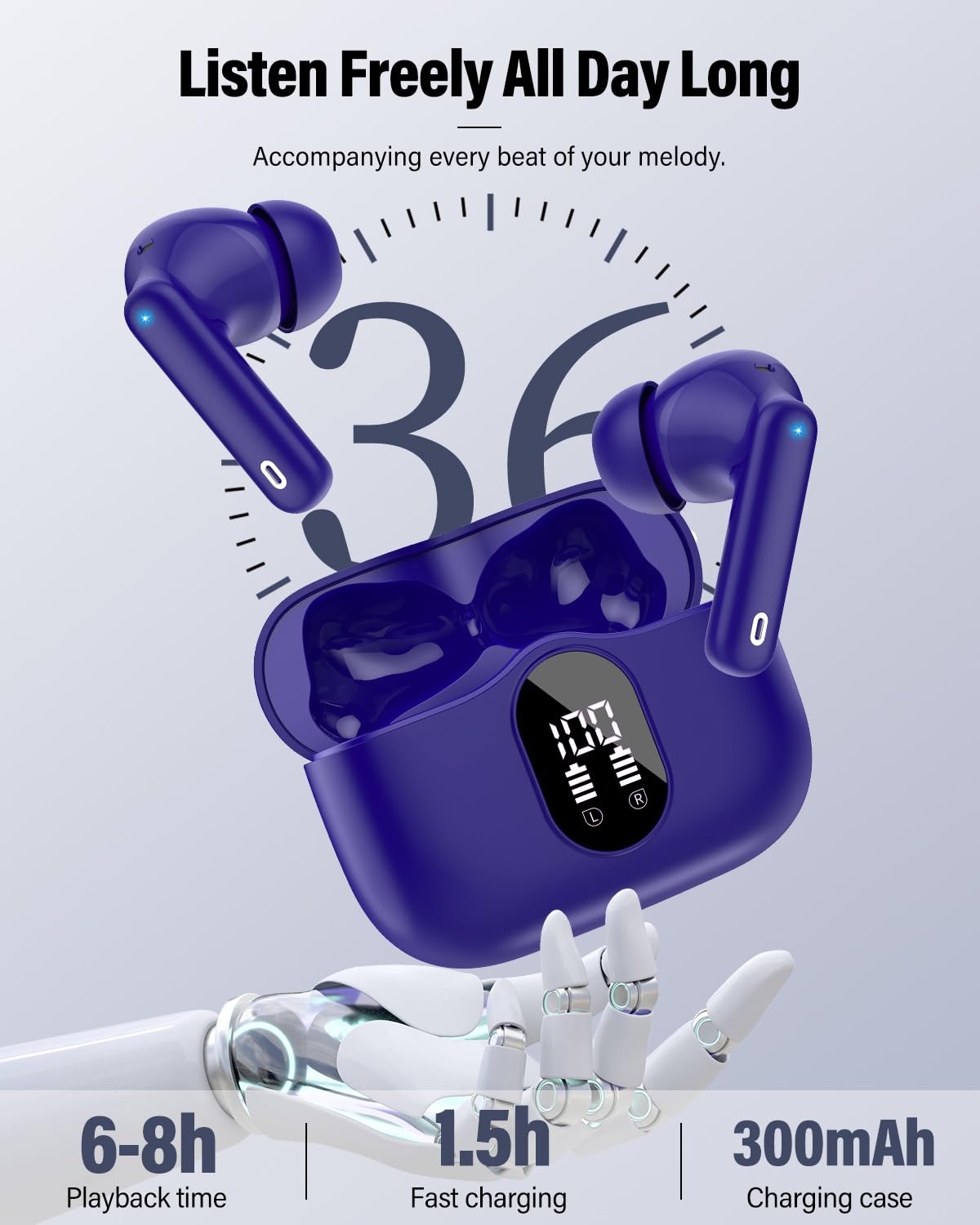 Wireless Earbuds, Bluetooth 5.4 Headphones Bass Stereo, Ear Buds with Noise Cancelling Mic, LED Display in Ear Earphones Clear Calls, IP7 Waterproof Bluetooth Earbuds for Laptop/Phones/Sports, Black