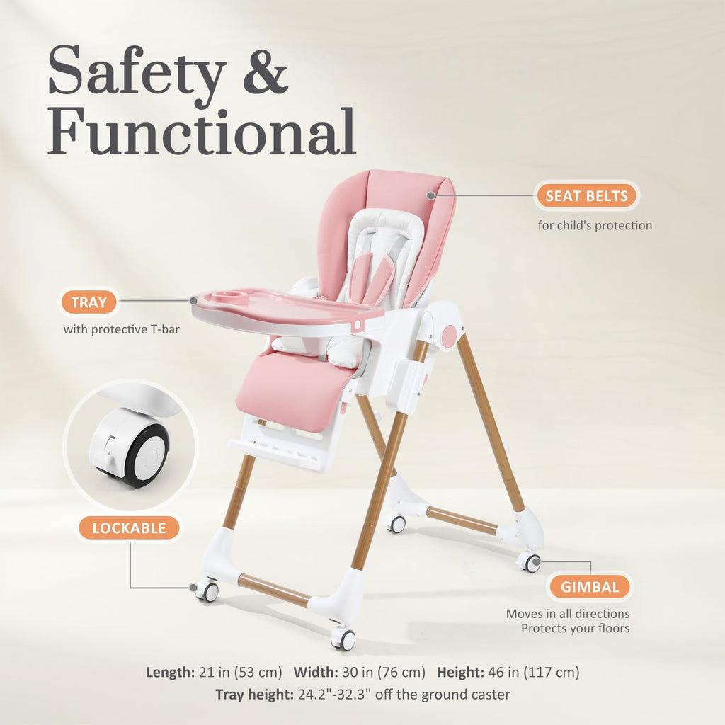 Mallify Foldable High Chairs for Babies and Toddlers, 3-in-1 Convertible Baby High Chair with Removable Soft Cushion and Tray, Adjustable Height & Recline, Lockable Wheels, Dark Blue