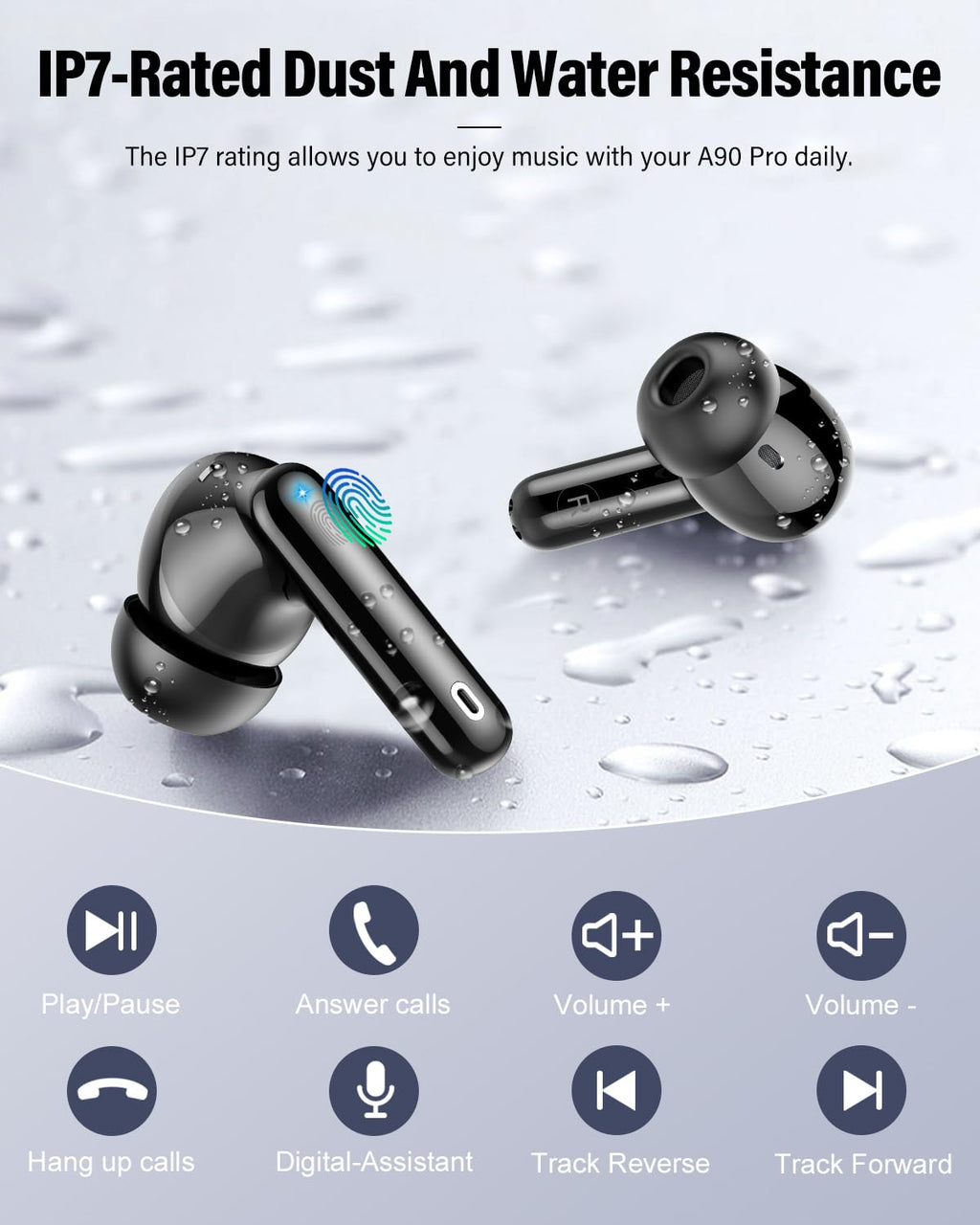 Wireless Earbuds, Bluetooth 5.4 Headphones Bass Stereo, Ear Buds with Noise Cancelling Mic, LED Display in Ear Earphones Clear Calls, IP7 Waterproof Bluetooth Earbuds for Laptop/Phones/Sports, Black