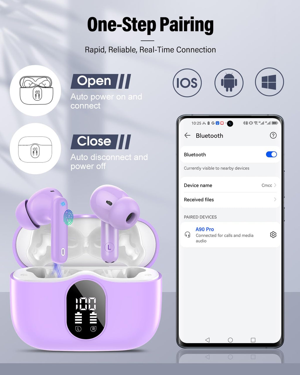 Wireless Earbuds, Bluetooth 5.4 Headphones Bass Stereo, Ear Buds with Noise Cancelling Mic, LED Display in Ear Earphones Clear Calls, IP7 Waterproof Bluetooth Earbuds for Laptop/Phones/Sports, Black