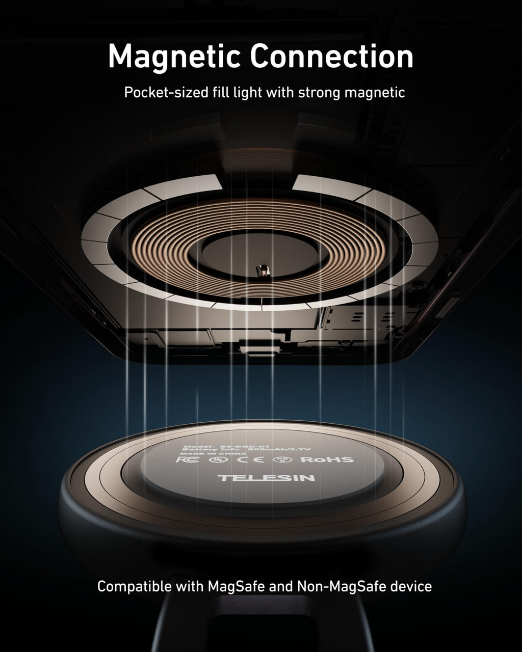 TELESIN C03 Magnetic Phone Beauty Selfie Light Compatible with iPhone Magsafe, CRI97 360° LED Selfie Ring Fill Light with Mirror for Selfies/Photography/TikTok/Zoom Calls/Video Conference(Black)