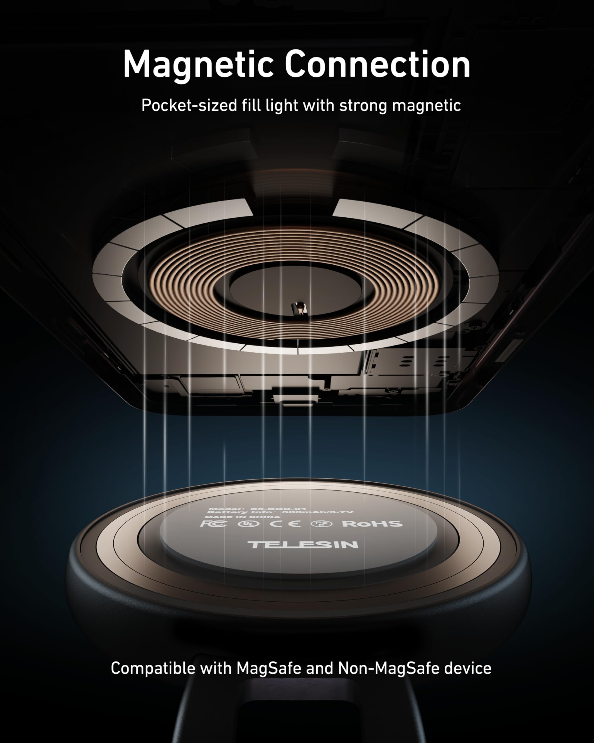 TELESIN C03 Magnetic Phone Beauty Selfie Light Compatible with iPhone Magsafe, CRI97 360° LED Selfie Ring Fill Light with Mirror for Selfies/Photography/TikTok/Zoom Calls/Video Conference(Black)