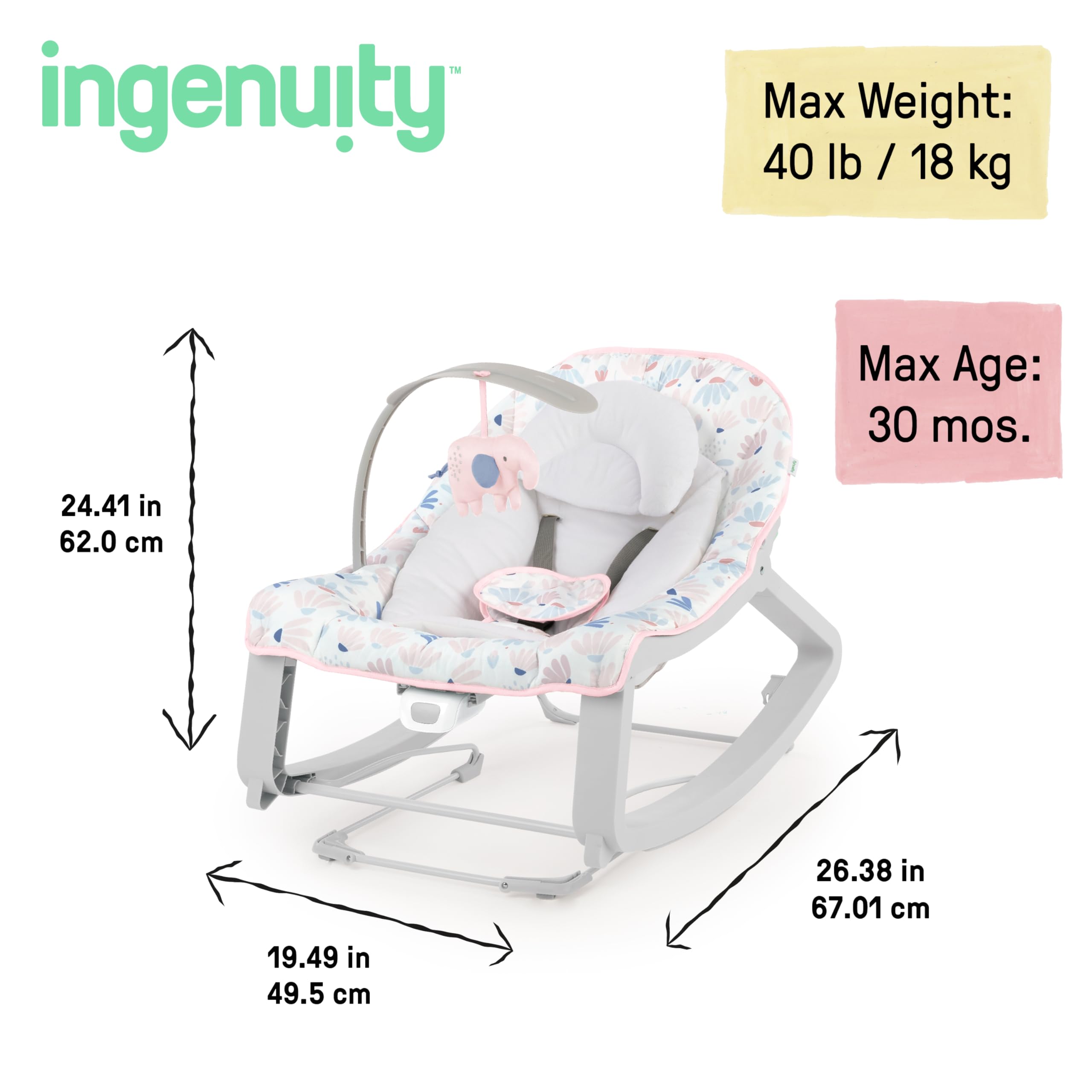 Ingenuity Keep Cozy 3-in-1 Grow with Me Vibrating Baby Bouncer, Seat & Infant to Toddler Rocker, Vibrations & -Toy Bar, 0-30 Months Up to 40 lbs (Weaver)