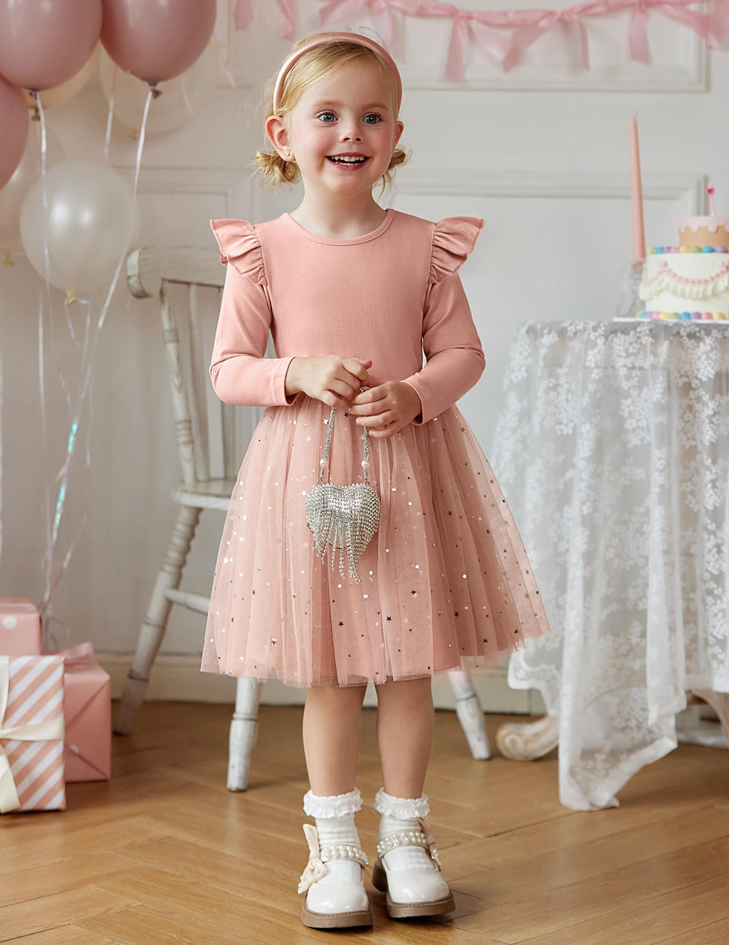 Arshiner Toddler Girls Tutu Dresses Long Sleeve Ruffle Fall Winter Holiday Star Sequin Tulle Dress 2-6Y