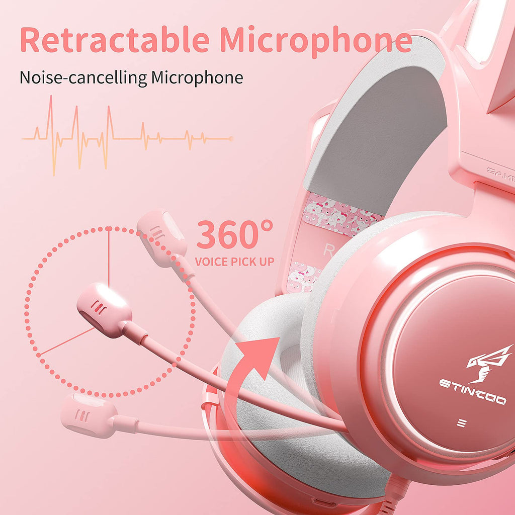 Wireless Cat Ear Headphones, Pink Gaming Headset Bluetooth 5.0 for Smartphone, Retractable Mic, 50mm Drivers, RGB Lighting Headset with Mic (USB Dongle Not Included)