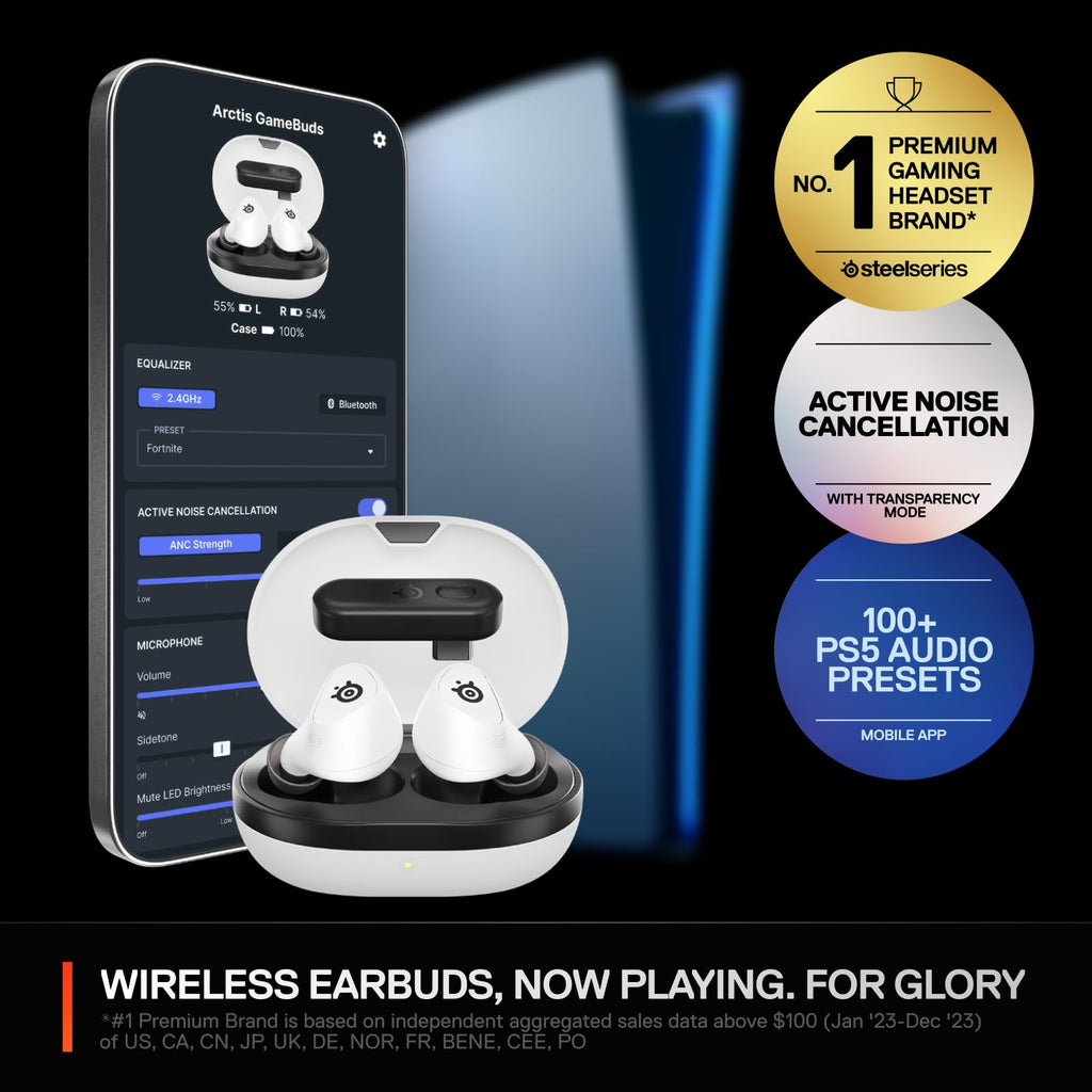 Arctis GameBuds for PlayStation/PC/Switch/Mobile — 2.4GHz + Bluetooth 5.3 Earbuds — Active Noise Cancelling — Mobile App Sound Presets — Water Resistant IP55 — 40H Battery with Qi Charging Case
